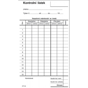 Kontrolní lístek (píchačka), jednoduchý OP 1144/PaM 85