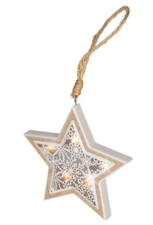 LED vánoční hvězda Solight, dřevěný dekor, 6LED, teplá bílá